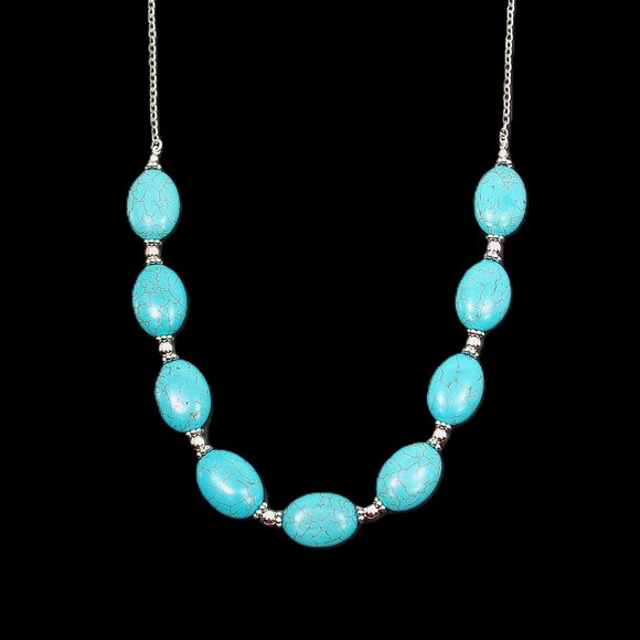 Turquoise stone necklace  with oval shape stones and small round silver beads - Picture 5 of 8